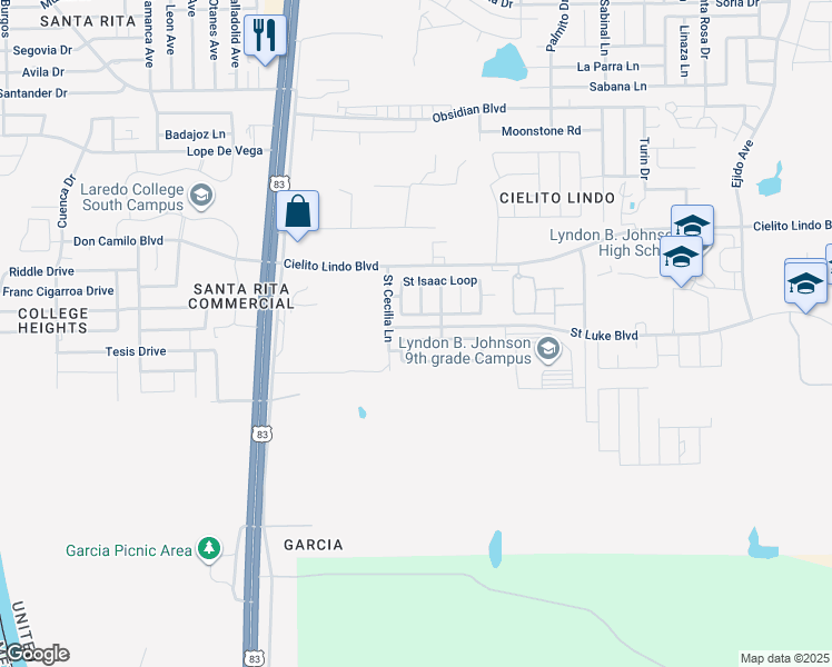 map of restaurants, bars, coffee shops, grocery stores, and more near 3217 Saint Kathryn Loop in Laredo