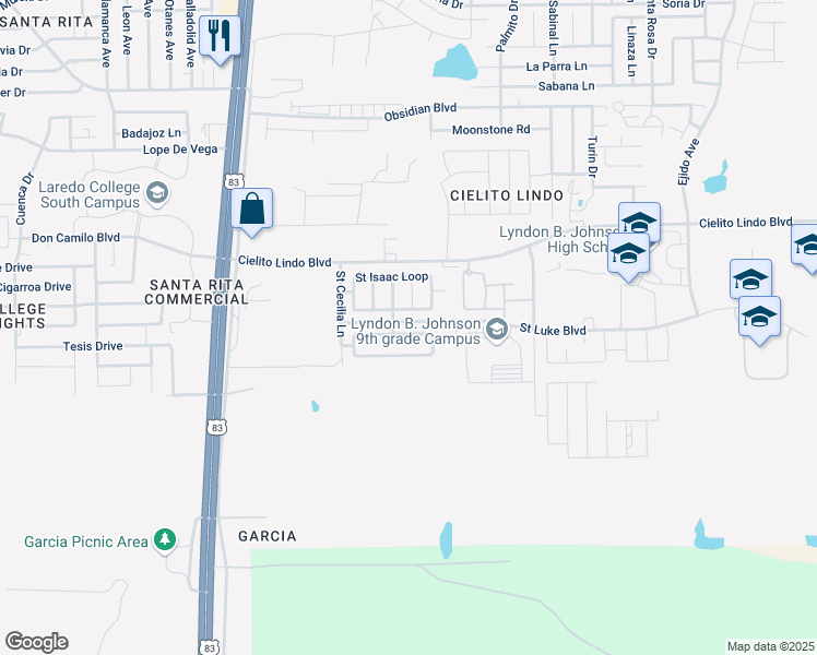 map of restaurants, bars, coffee shops, grocery stores, and more near 3237 Saint Kathryn Loop in Laredo