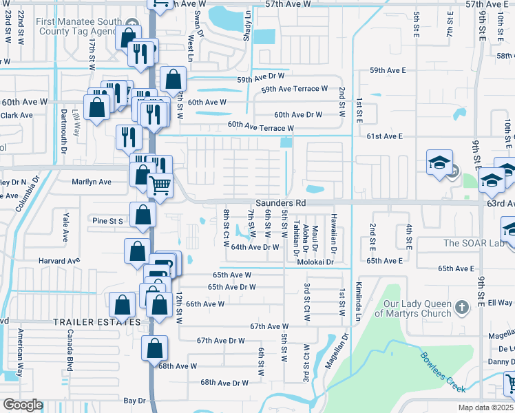 map of restaurants, bars, coffee shops, grocery stores, and more near 610 63rd Avenue West in Bradenton
