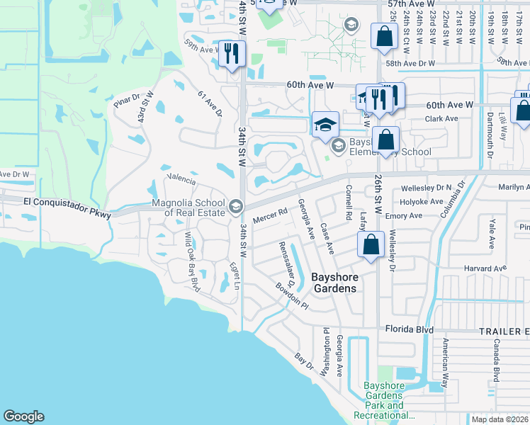 map of restaurants, bars, coffee shops, grocery stores, and more near 3213 Mercer Road in Bradenton