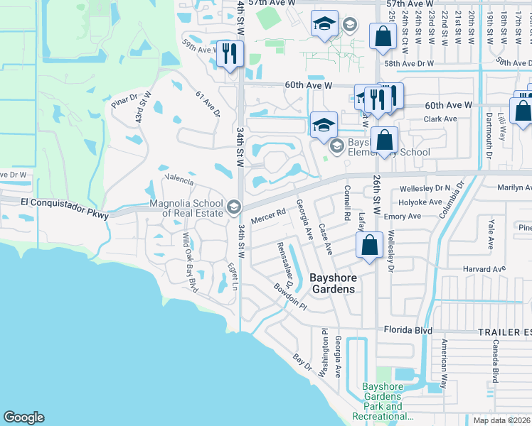 map of restaurants, bars, coffee shops, grocery stores, and more near 3213 Mercer Road in Bradenton