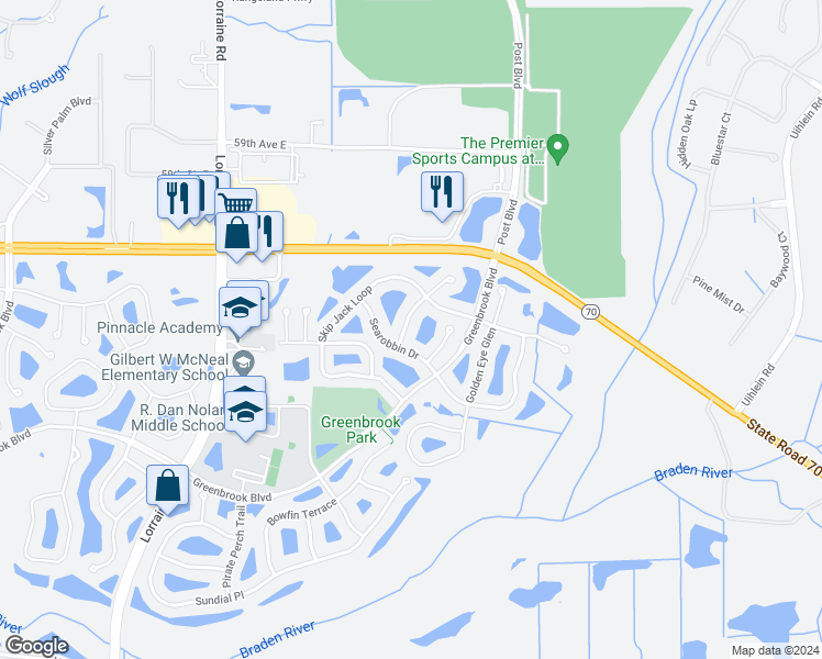 map of restaurants, bars, coffee shops, grocery stores, and more near 6243 Blue Runner Court in Bradenton