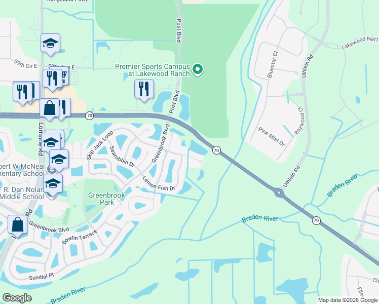 map of restaurants, bars, coffee shops, grocery stores, and more near 15703 Butterfish Place in Lakewood Ranch