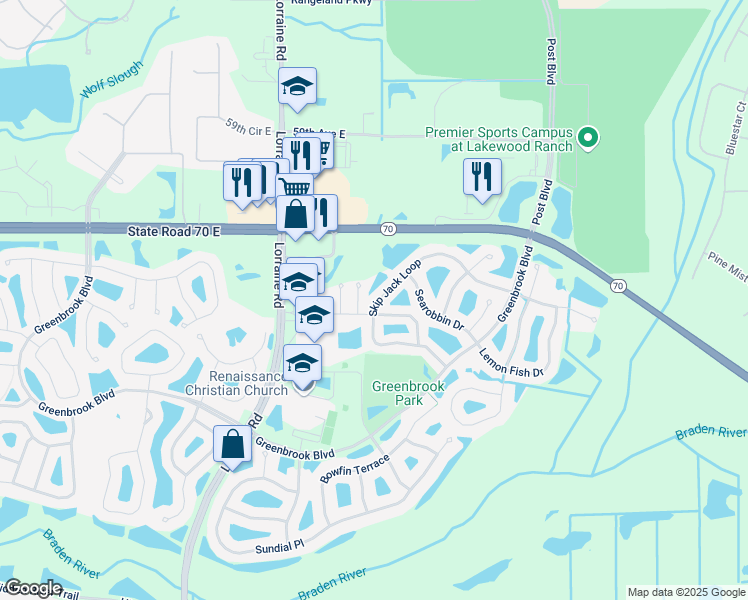 map of restaurants, bars, coffee shops, grocery stores, and more near 6249 Triple Tail Court in Lakewood Ranch
