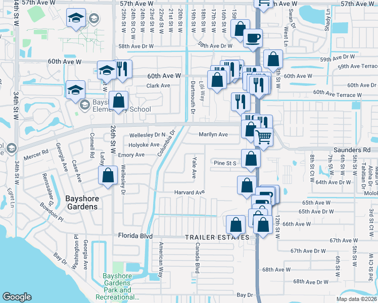 map of restaurants, bars, coffee shops, grocery stores, and more near 1208 Yale Avenue in Bradenton