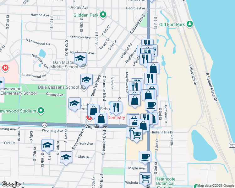 map of restaurants, bars, coffee shops, grocery stores, and more near 1910 Colonial Road in Fort Pierce