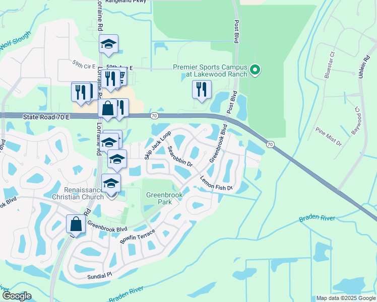 map of restaurants, bars, coffee shops, grocery stores, and more near 6239 Blue Runner Court in Lakewood Ranch
