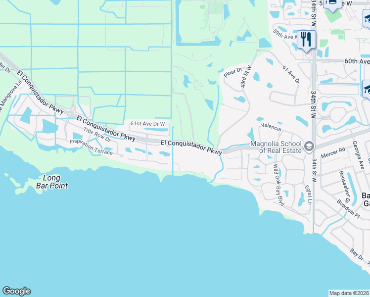 map of restaurants, bars, coffee shops, grocery stores, and more near 4400 El Conquistador Parkway in Bradenton