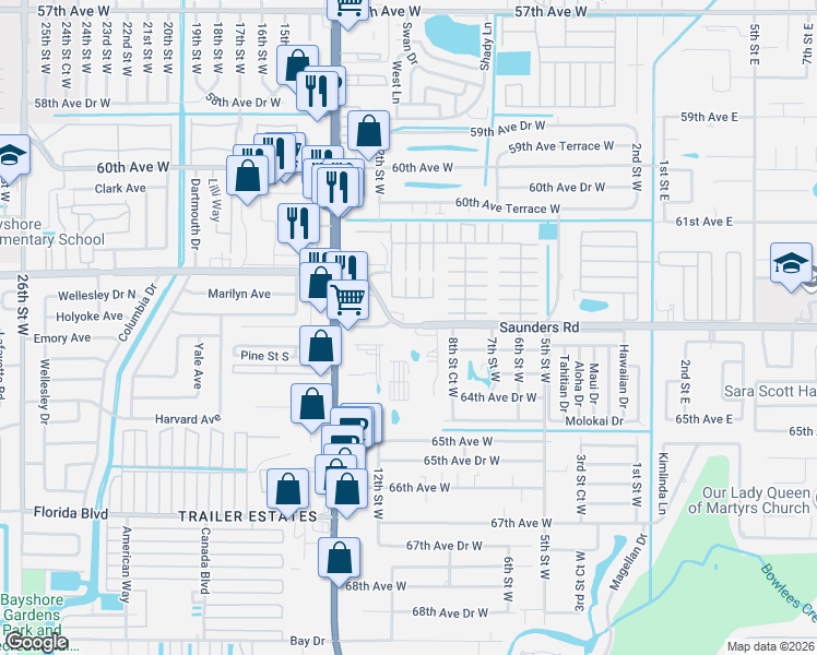map of restaurants, bars, coffee shops, grocery stores, and more near 912 63rd Avenue West in Bradenton