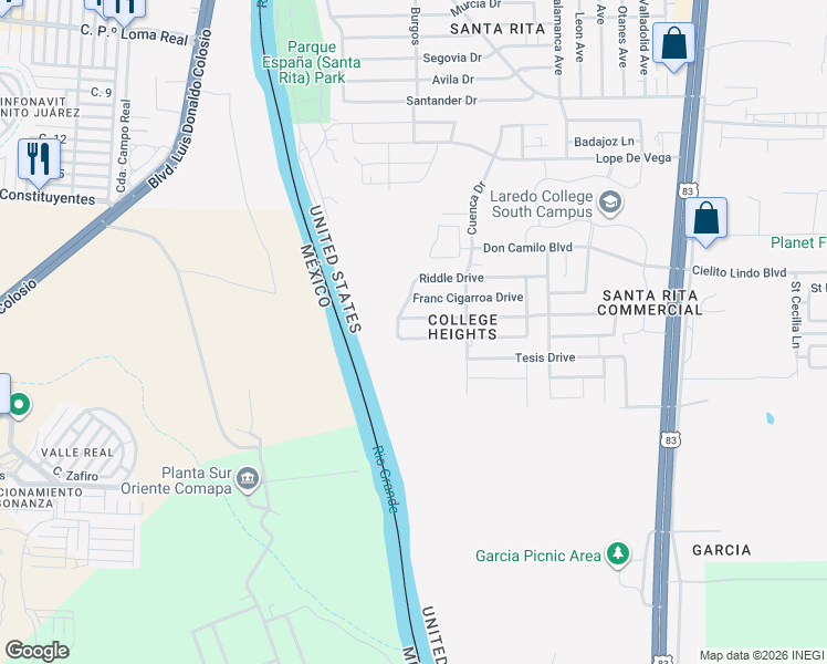 map of restaurants, bars, coffee shops, grocery stores, and more near 1405 Wilfrano Drive in Laredo