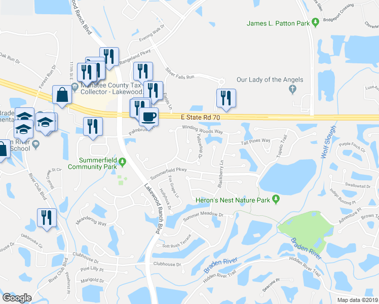 map of restaurants, bars, coffee shops, grocery stores, and more near 6320 Rose Rush Court in Bradenton