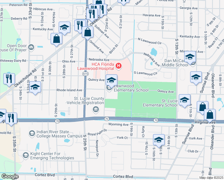 map of restaurants, bars, coffee shops, grocery stores, and more near 1900 South 23rd Street in Fort Pierce