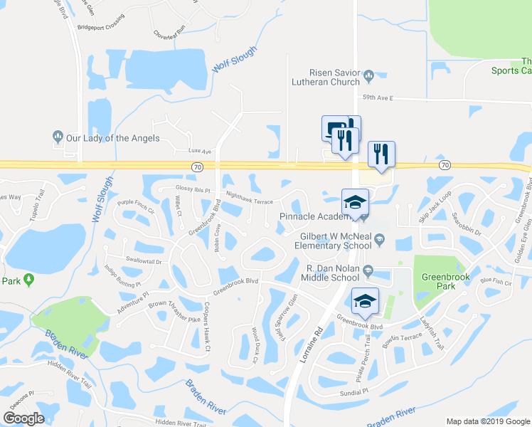 map of restaurants, bars, coffee shops, grocery stores, and more near 6212 Burrowing Owl Cove in Bradenton