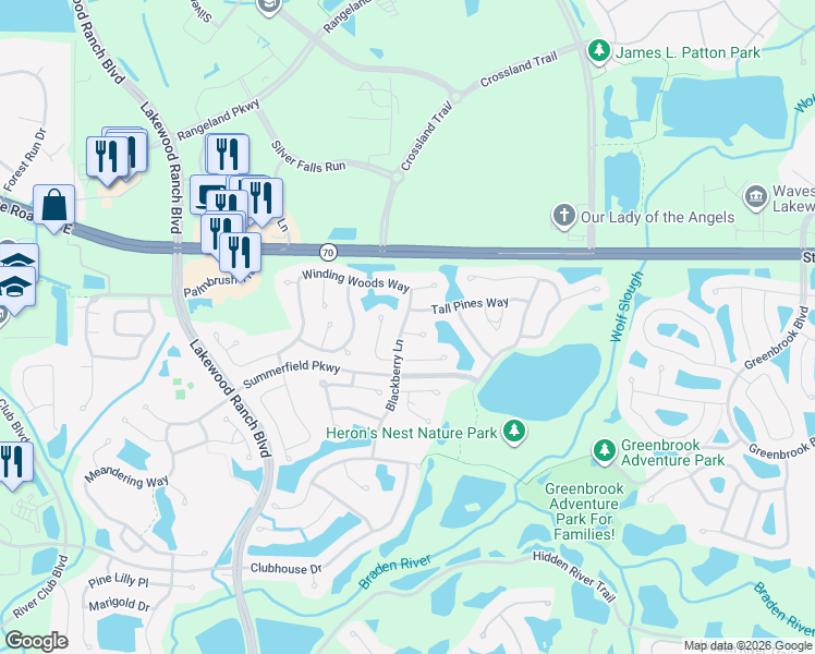 map of restaurants, bars, coffee shops, grocery stores, and more near 12310 Mosswood Place in Lakewood Ranch
