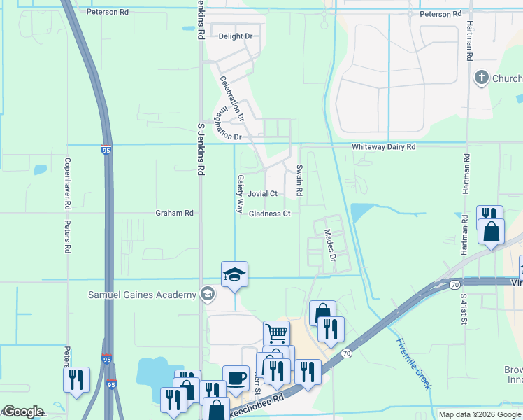 map of restaurants, bars, coffee shops, grocery stores, and more near 5309 Gladness Court in Fort Pierce