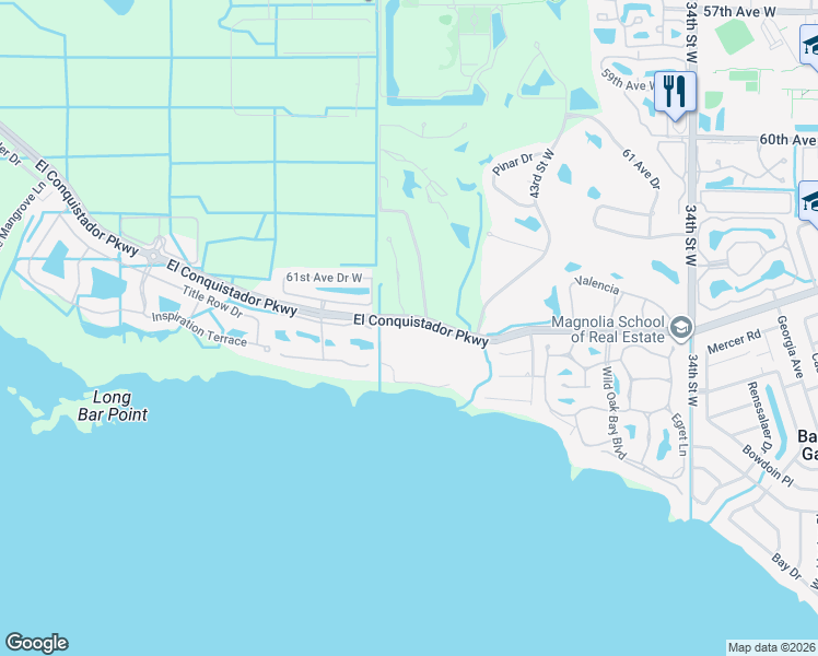 map of restaurants, bars, coffee shops, grocery stores, and more near 4400 El Conquistador Parkway in Bradenton