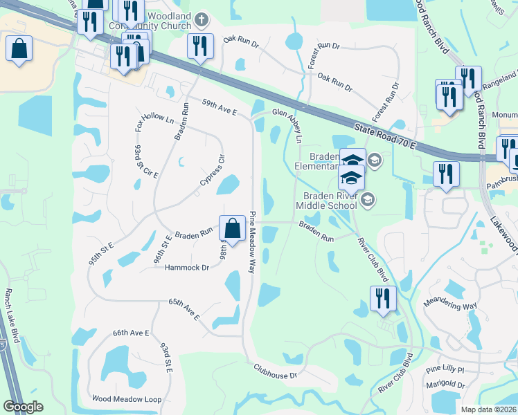 map of restaurants, bars, coffee shops, grocery stores, and more near 9902 Braden Run in Bradenton