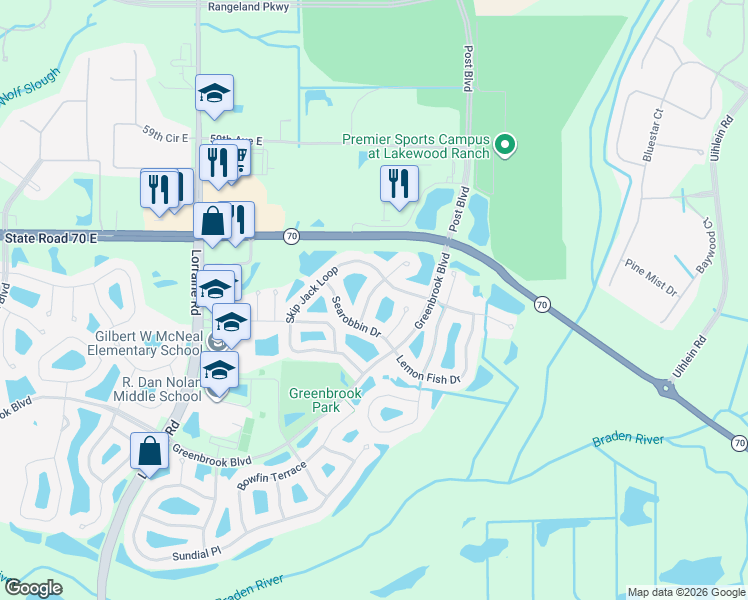 map of restaurants, bars, coffee shops, grocery stores, and more near 6243 Blue Runner Court in Lakewood Ranch