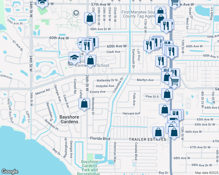 map of restaurants, bars, coffee shops, grocery stores, and more near 2203 Emory Avenue in Bradenton