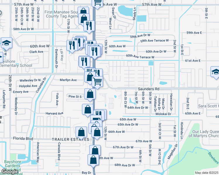 map of restaurants, bars, coffee shops, grocery stores, and more near 1112 63rd Avenue West in Bradenton
