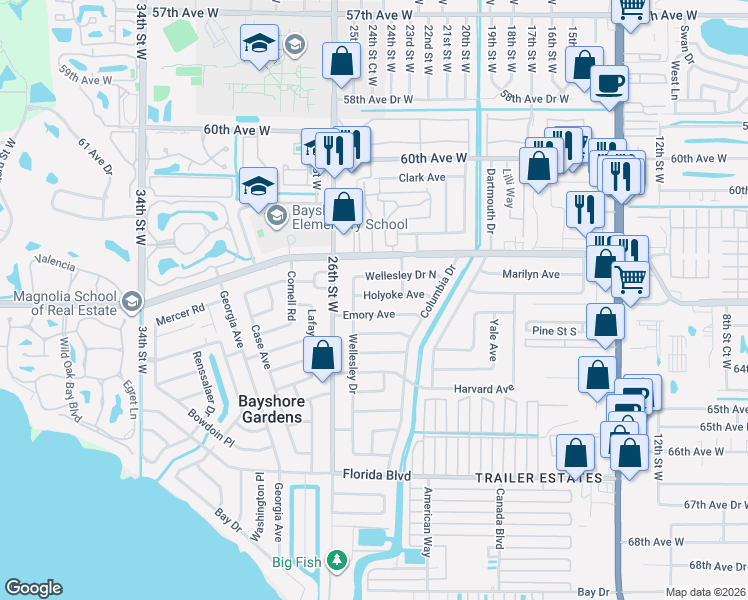 map of restaurants, bars, coffee shops, grocery stores, and more near 2315 Emory Avenue in Bradenton
