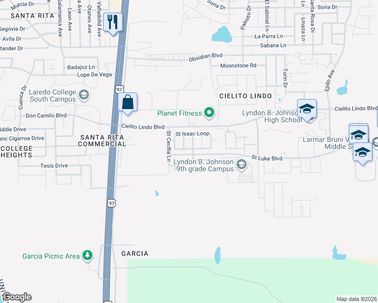 map of restaurants, bars, coffee shops, grocery stores, and more near 3217 Saint Kathryn Loop in Laredo