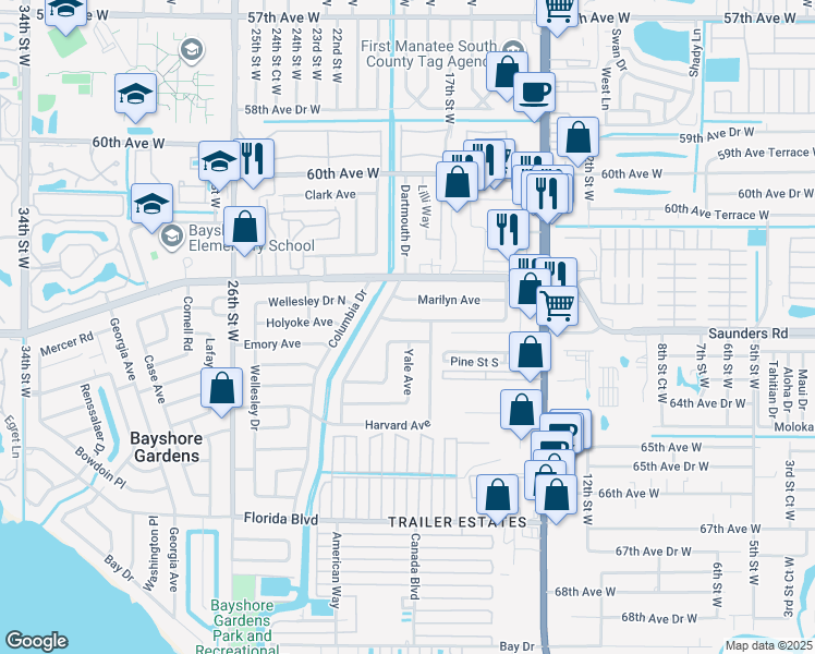 map of restaurants, bars, coffee shops, grocery stores, and more near 1208 Yale Avenue in Bradenton