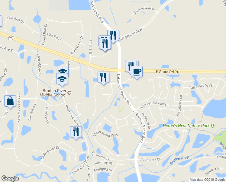 map of restaurants, bars, coffee shops, grocery stores, and more near 6223 Tassleflower Trail in Bradenton