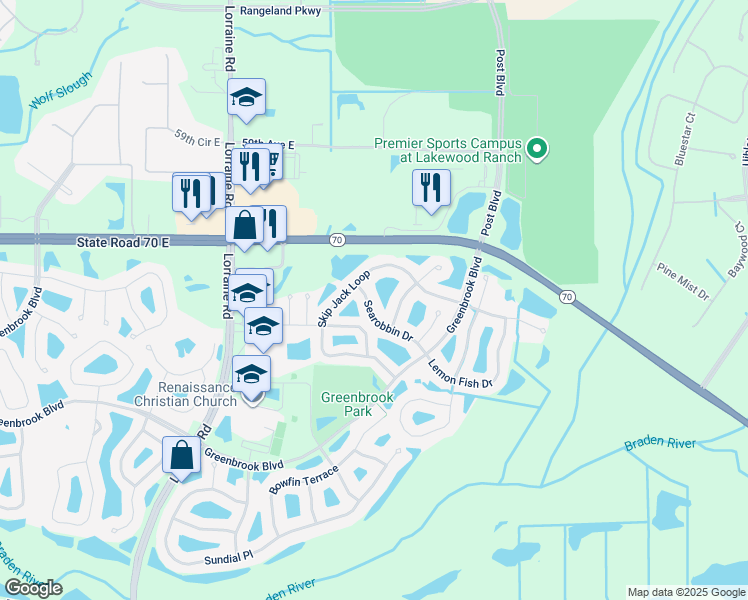 map of restaurants, bars, coffee shops, grocery stores, and more near 15121 Searobbin Drive in Lakewood Ranch