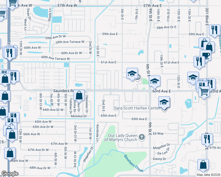map of restaurants, bars, coffee shops, grocery stores, and more near 311 63rd Avenue Drive West in Bradenton