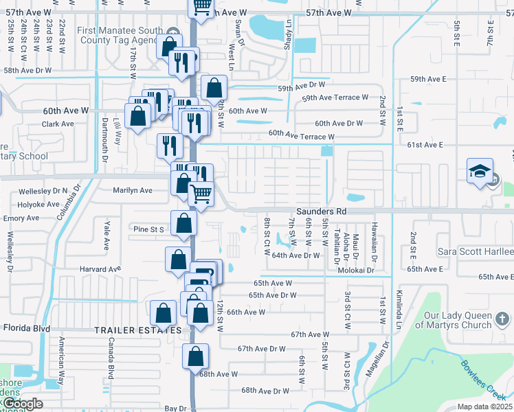 map of restaurants, bars, coffee shops, grocery stores, and more near 912 63rd Avenue West in Bradenton