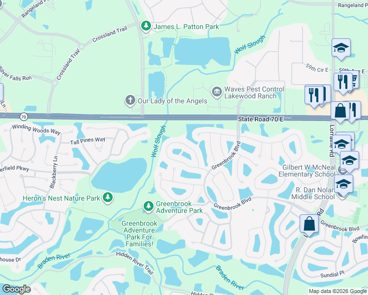 map of restaurants, bars, coffee shops, grocery stores, and more near 13437 Purple Finch Circle in Lakewood Ranch