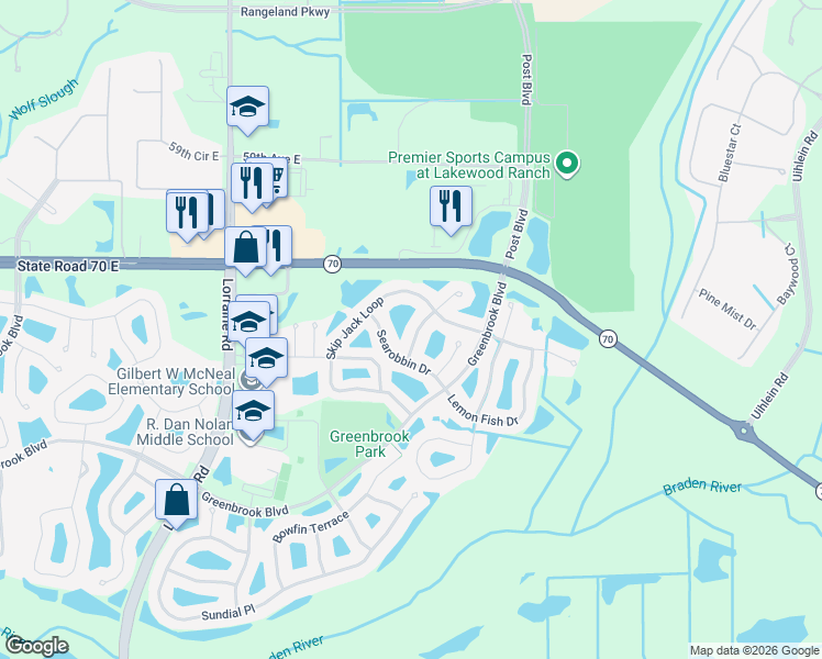 map of restaurants, bars, coffee shops, grocery stores, and more near 6230 Blue Runner Court in Lakewood Ranch