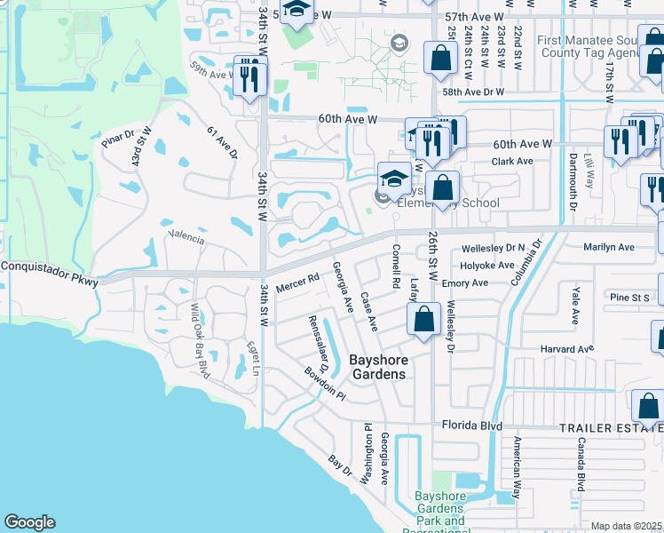 map of restaurants, bars, coffee shops, grocery stores, and more near 3116 Mercer Road in Bradenton