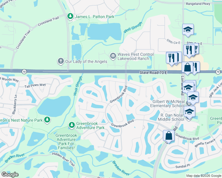 map of restaurants, bars, coffee shops, grocery stores, and more near 6225 Willet Court in Lakewood Ranch