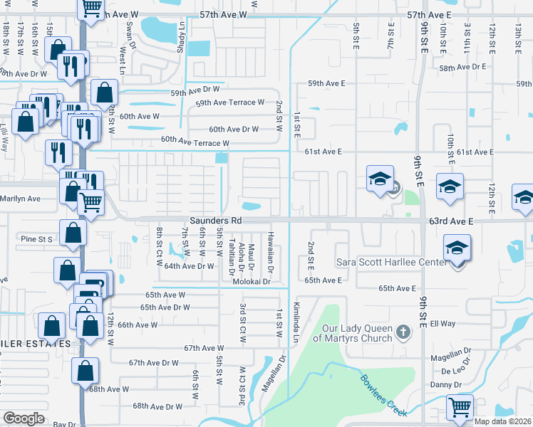 map of restaurants, bars, coffee shops, grocery stores, and more near 202 Polynesian Drive in Bradenton