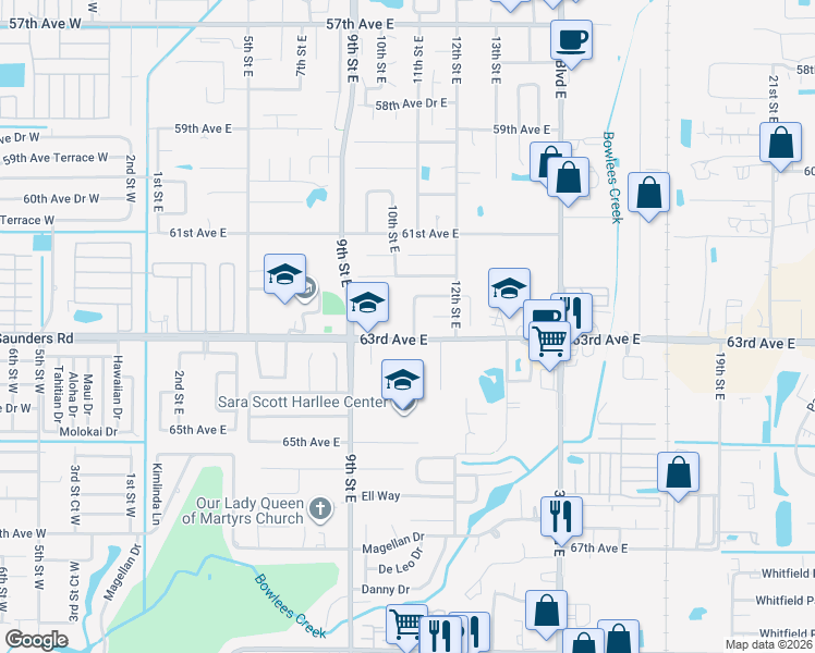 map of restaurants, bars, coffee shops, grocery stores, and more near 1020 63rd Avenue East in Bradenton