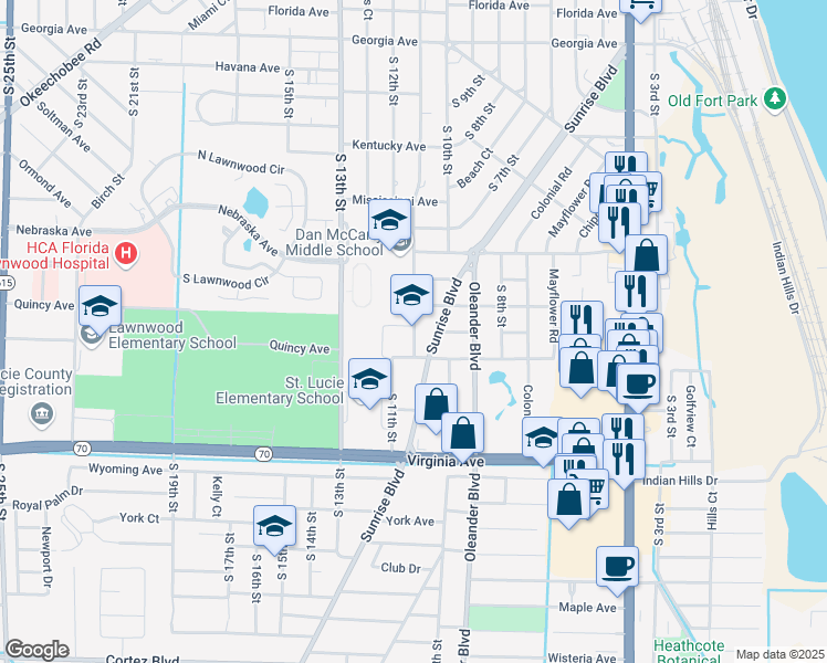 map of restaurants, bars, coffee shops, grocery stores, and more near 1901 South 11th Street in Fort Pierce