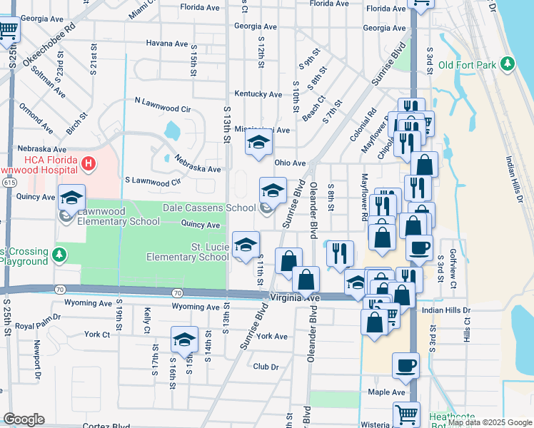 map of restaurants, bars, coffee shops, grocery stores, and more near 1901 South 11th Street in Fort Pierce
