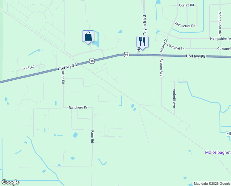 map of restaurants, bars, coffee shops, grocery stores, and more near 358 Hickory Ridge Drive in Sebring