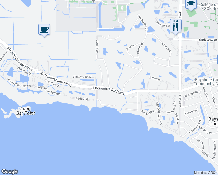 map of restaurants, bars, coffee shops, grocery stores, and more near 6299 45th Street West in Bradenton
