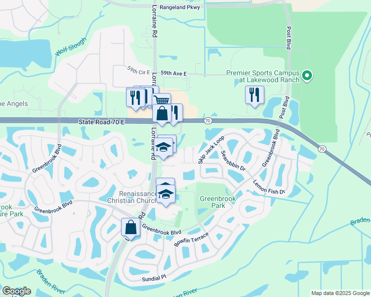 map of restaurants, bars, coffee shops, grocery stores, and more near 6209 Flagfish Court in Bradenton