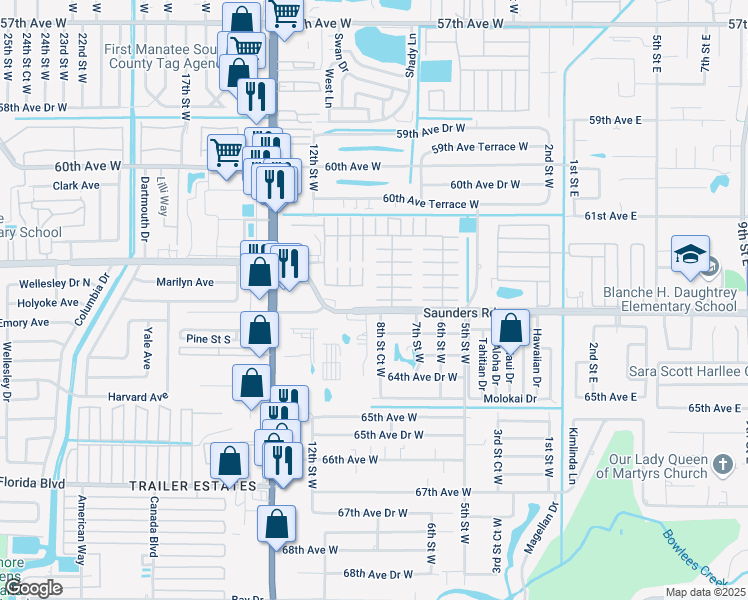 map of restaurants, bars, coffee shops, grocery stores, and more near 12H H Avenue in Bradenton