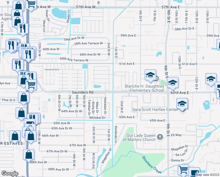 map of restaurants, bars, coffee shops, grocery stores, and more near 39 Harvest Street in Bradenton