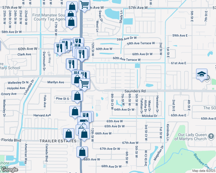 map of restaurants, bars, coffee shops, grocery stores, and more near 11 V Avenue in Bradenton