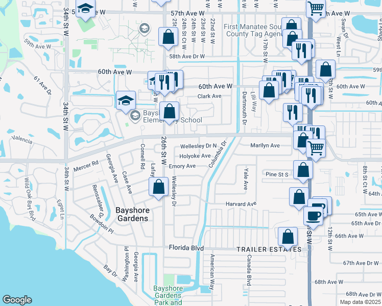 map of restaurants, bars, coffee shops, grocery stores, and more near 2311 Wellesley Drive North in Bradenton