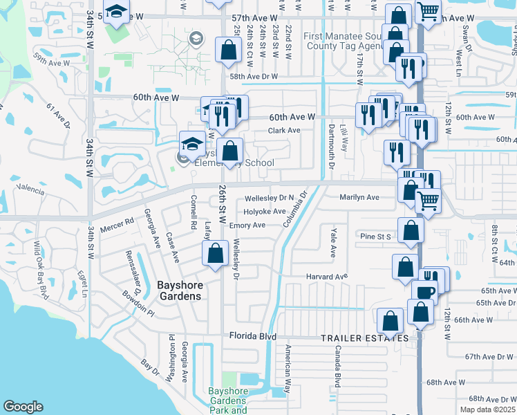 map of restaurants, bars, coffee shops, grocery stores, and more near 2311 Wellesley Drive North in Bradenton