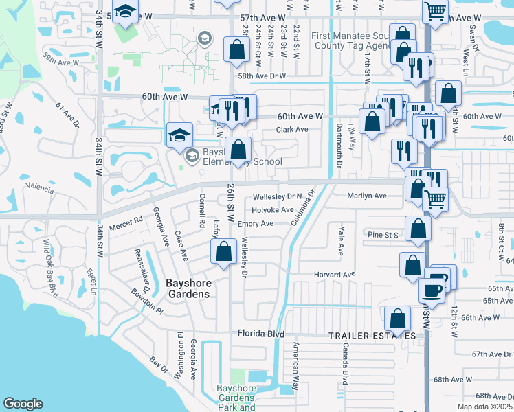 map of restaurants, bars, coffee shops, grocery stores, and more near 2311 Wellesley Drive North in Bradenton
