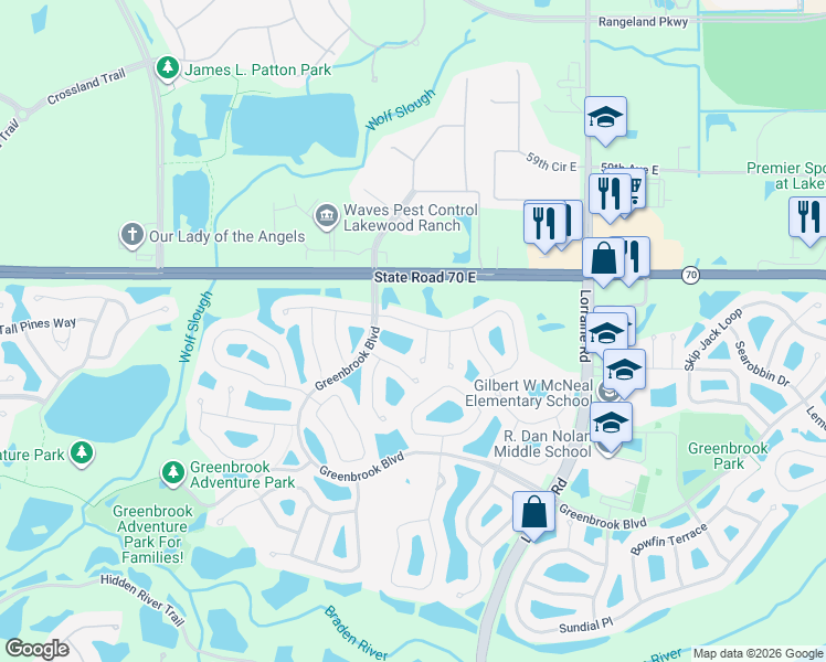 map of restaurants, bars, coffee shops, grocery stores, and more near 13811 Nighthawk Terrace in Lakewood Ranch