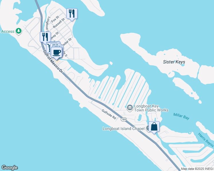 map of restaurants, bars, coffee shops, grocery stores, and more near 630 De Narvaez Drive in Longboat Key